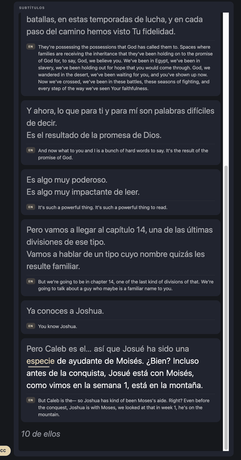 Cape Vineyard listener page showing live Spanish caption bubbles with English source lines, and the gold word-by-word highlight tracking the spoken voice
