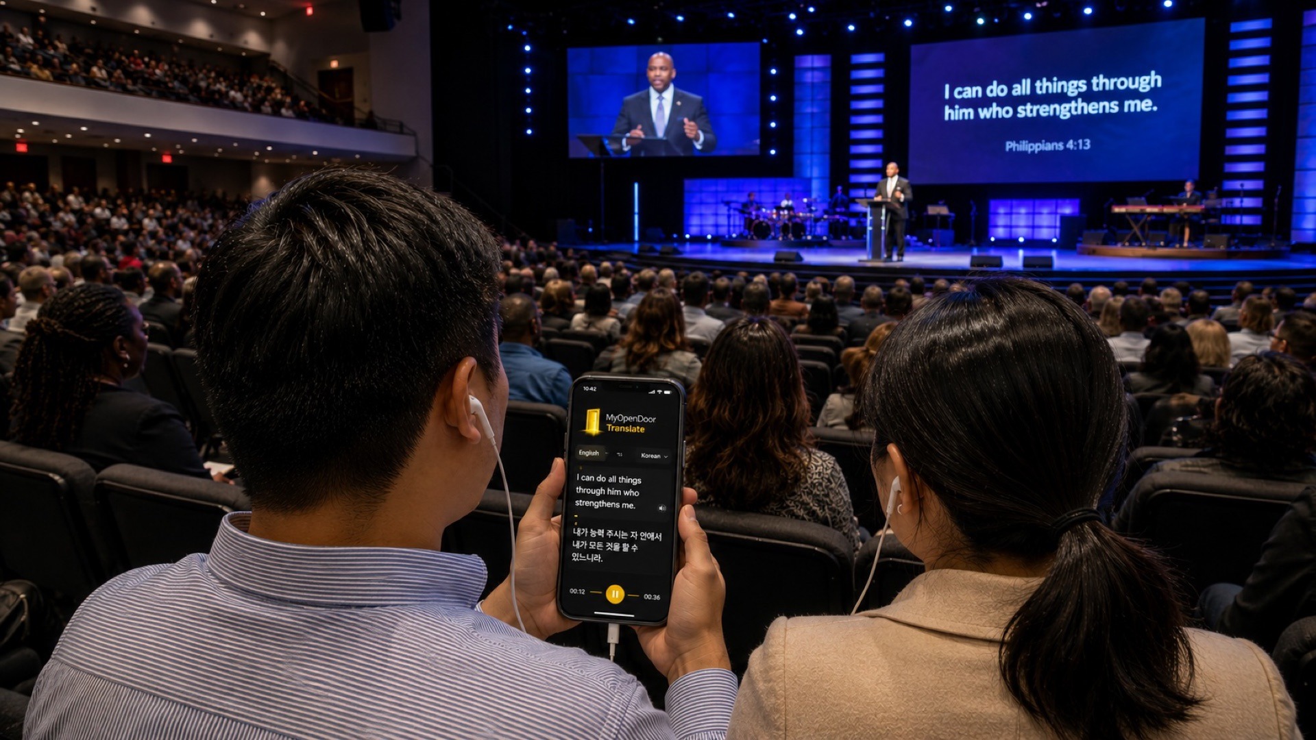 A packed congregation with one worshipper following the sermon live on their phone — captions and audio in their own language