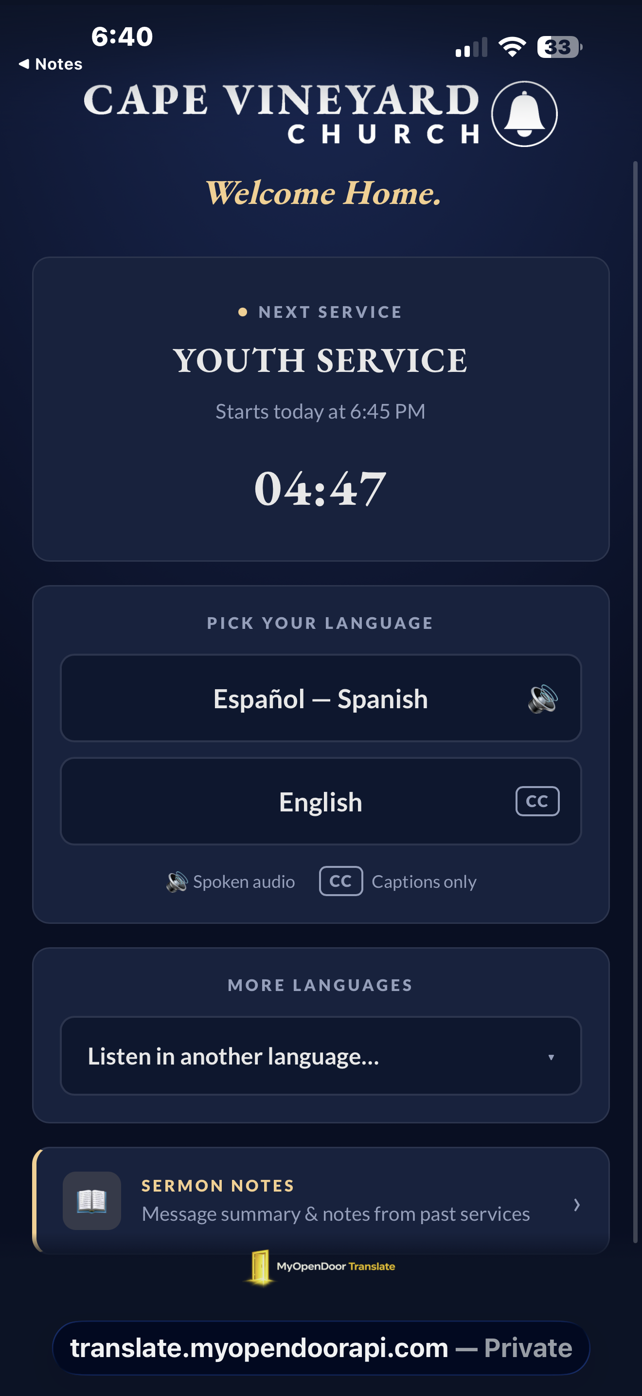 A church-branded “Welcome Home” listener landing page with a next-service countdown and language choices