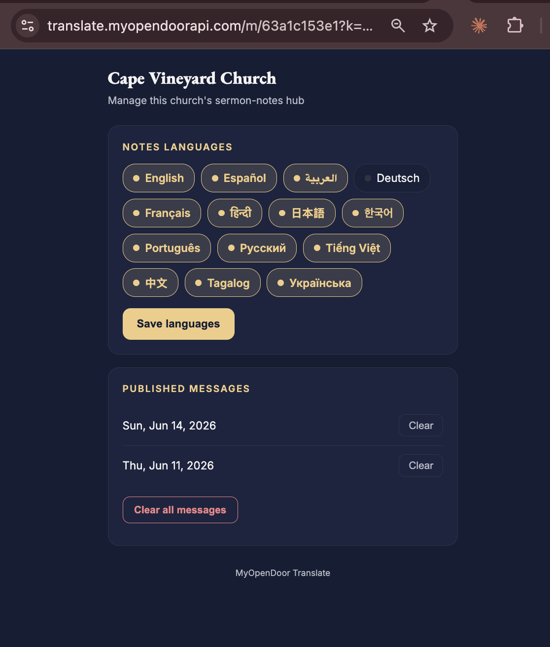 The notes console where a church picks which languages to publish sermon notes in