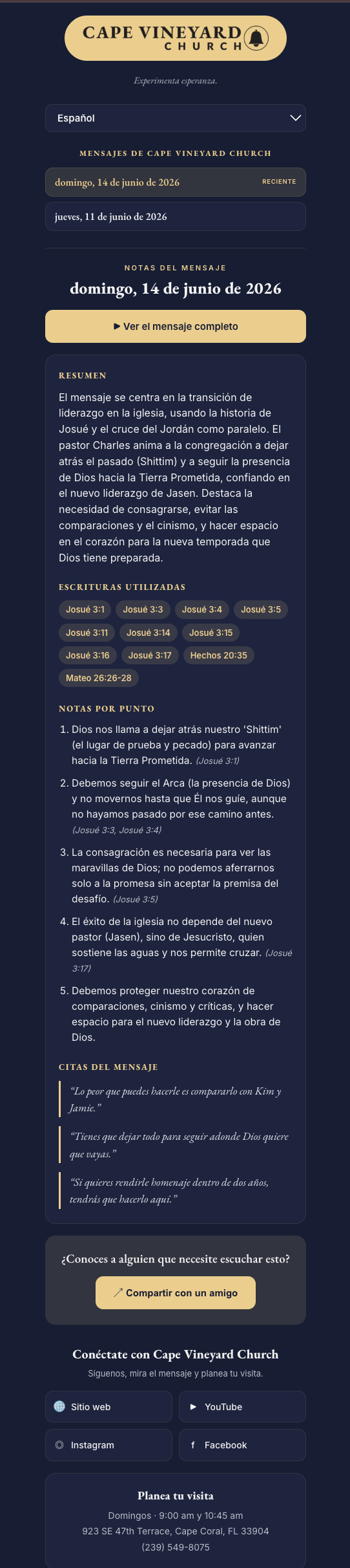 A full sermon-notes page in Spanish — summary, scriptures used, point-by-point notes, memorable quotes, a share button, and a plan-your-visit block