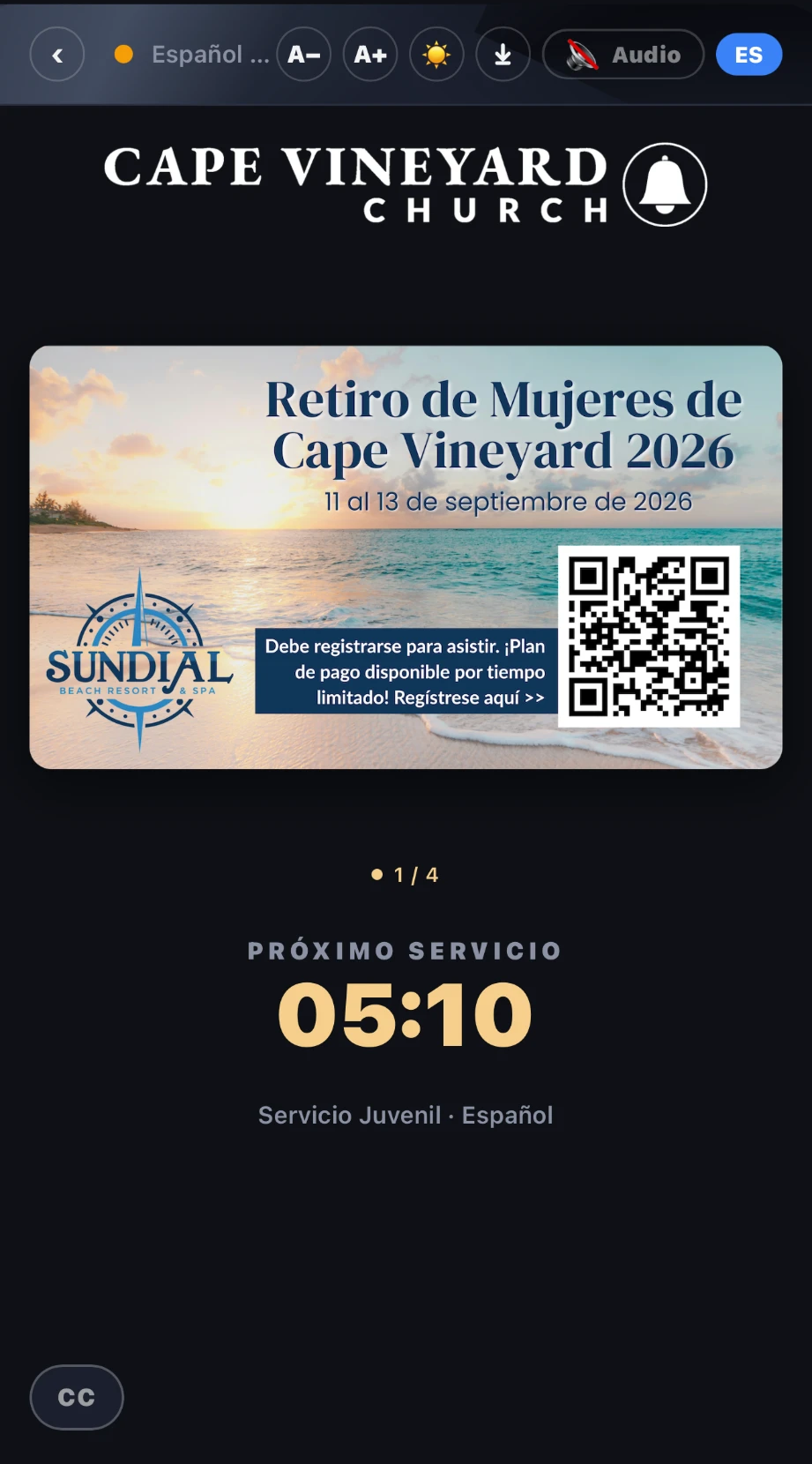 A church guest's phone before the service — a women's retreat announcement translated into Spanish, with a registration QR code and the countdown to the next service