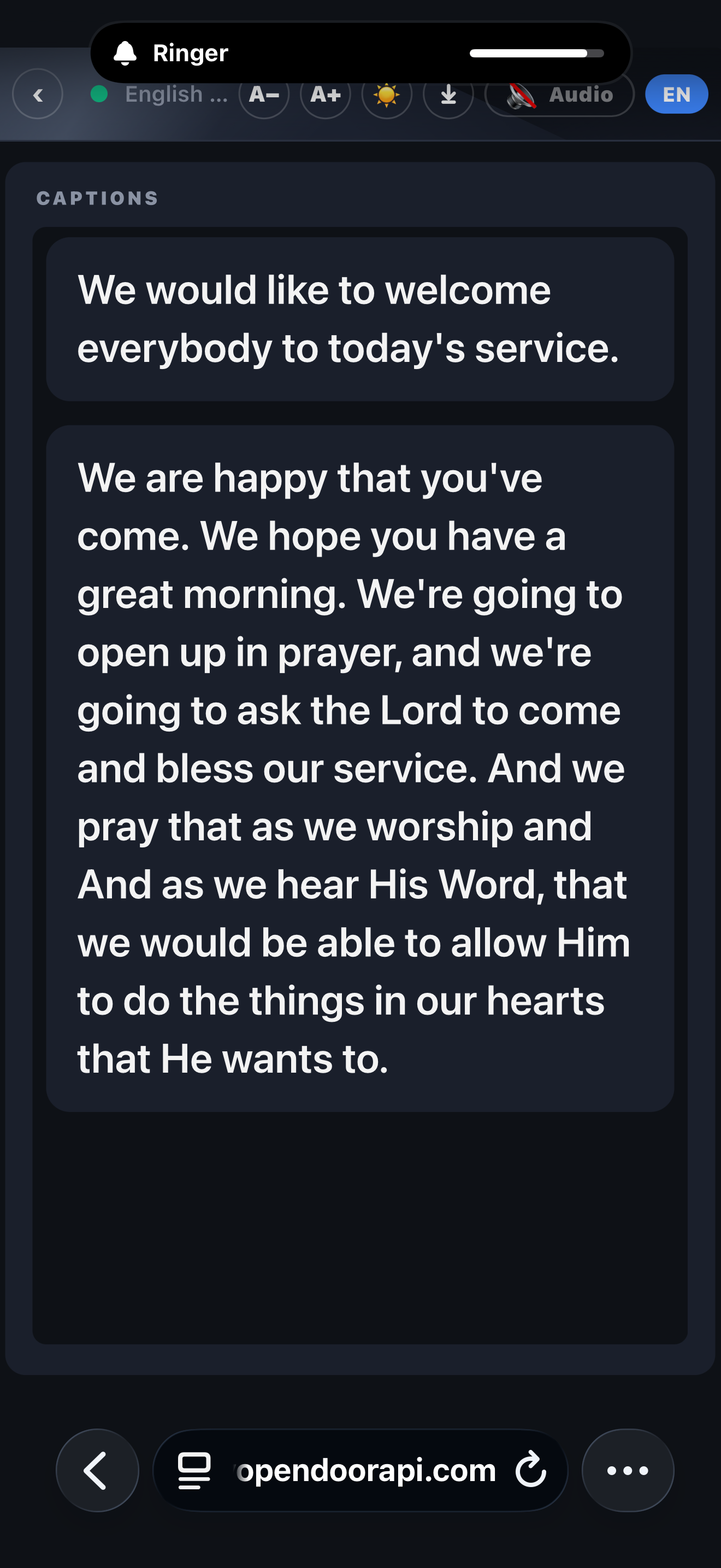 Live English captions of a church service on a member's own phone, with text-size controls and a transcript download button in the toolbar