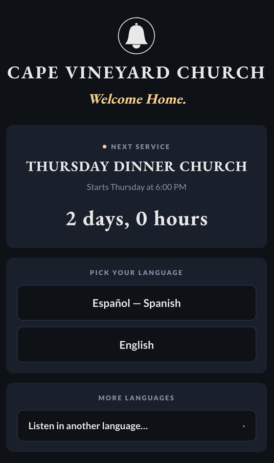A church guest's phone showing the MyOpenDoor listener lobby — pick your language