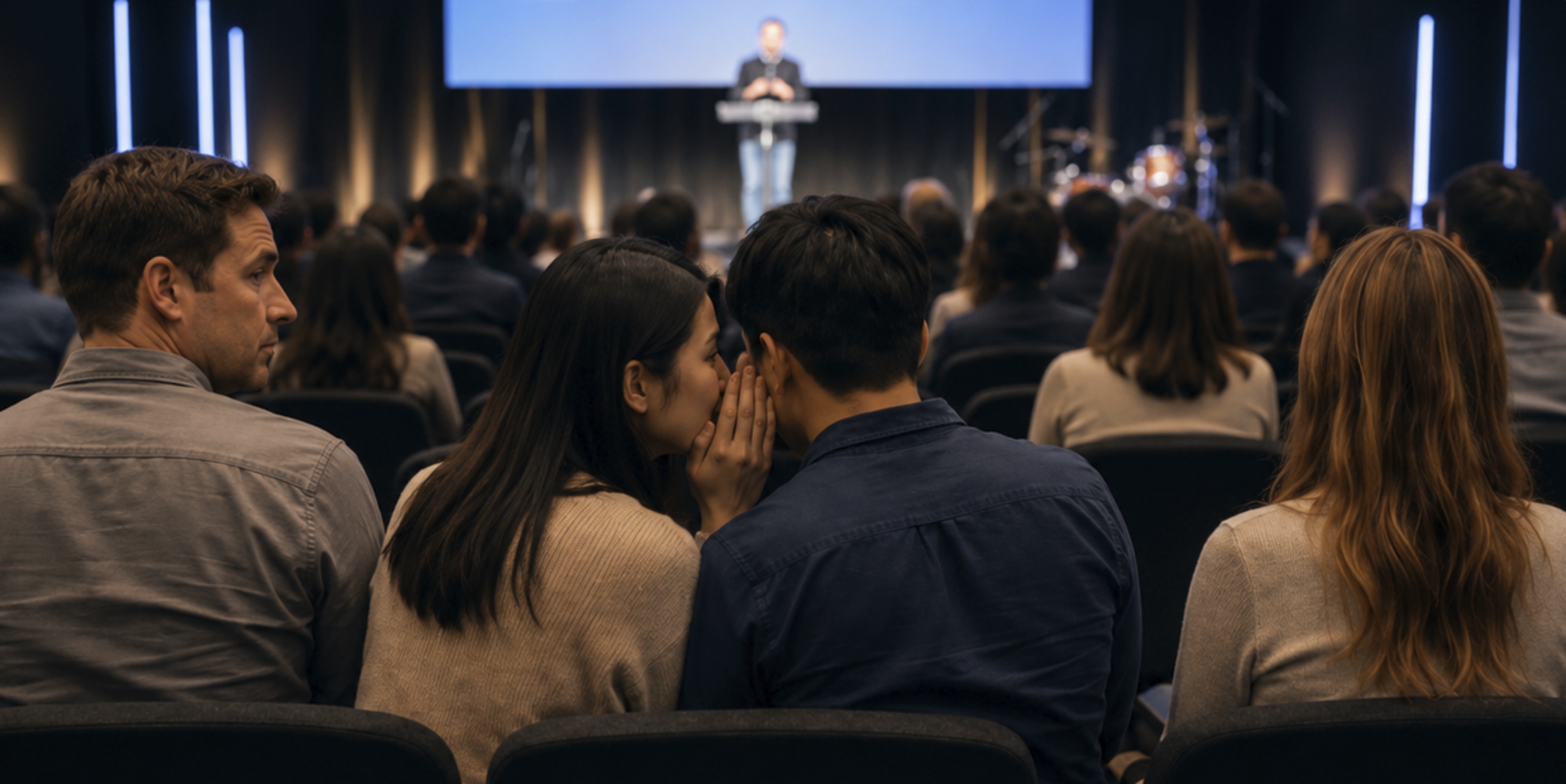 A congregation following the service — one guest leaning in to whisper, straining to follow without translation