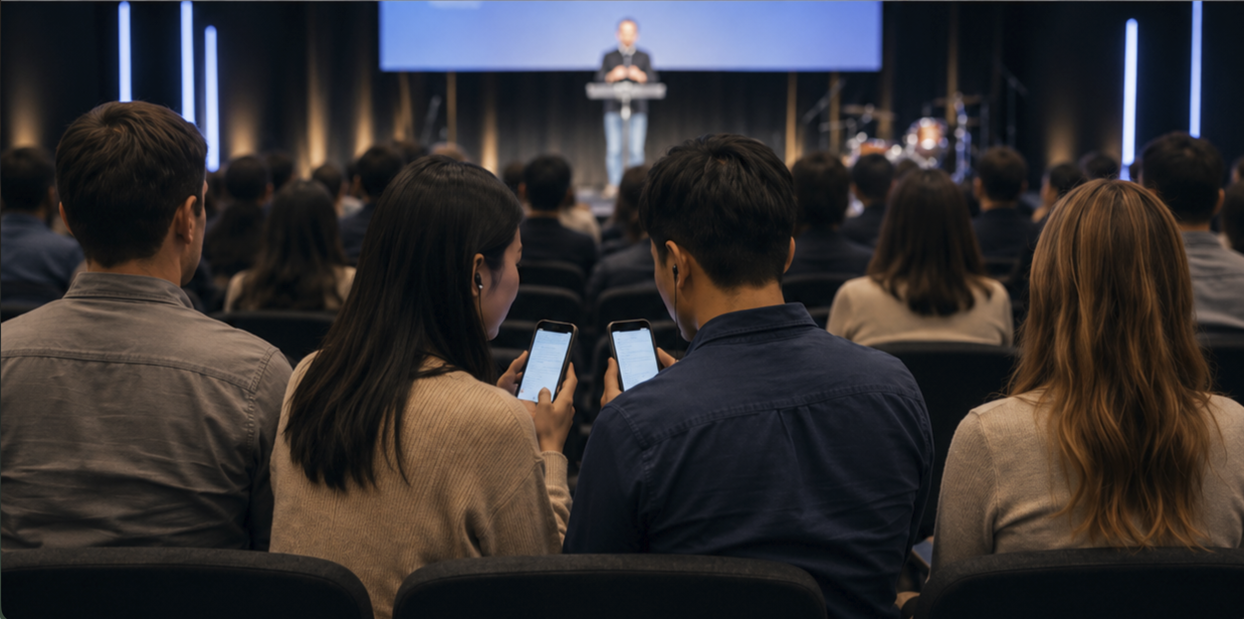 The same guests now following the service on their phones, each in their own language