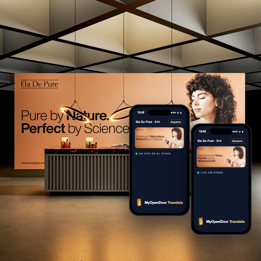 The same trade show stand, with two phones in the foreground: one shows the wall in Spanish, the other in German, each marked live at the stand, with the MyOpenDoor Translate mark at the foot of the screen